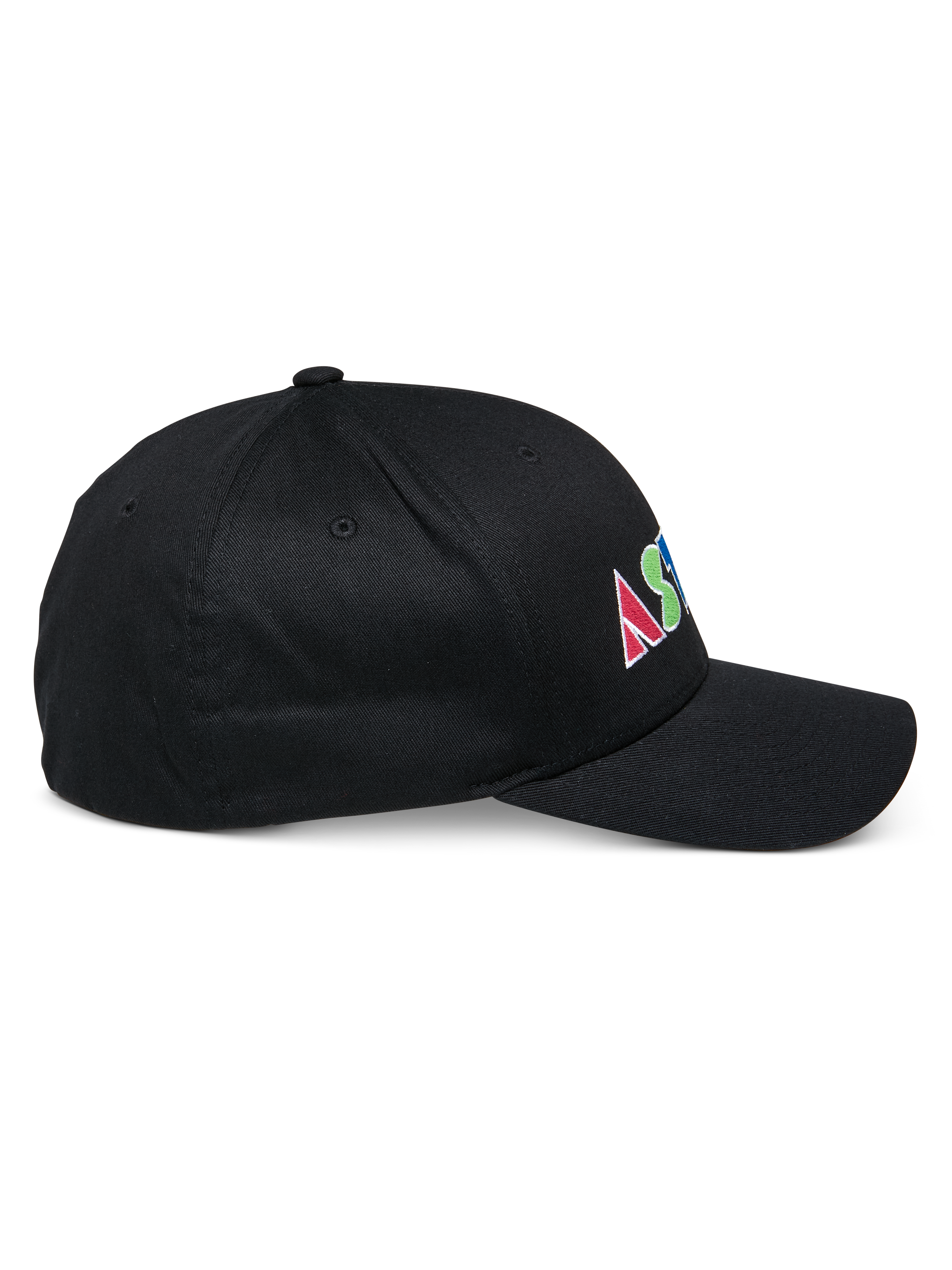 Alpinestars Cereal Hat, boné de basebol estruturado preto, vista de perfil lateral, logótipo com bordado plano colorido e letras geométricas na lateral, pala curva, design desportivo casual