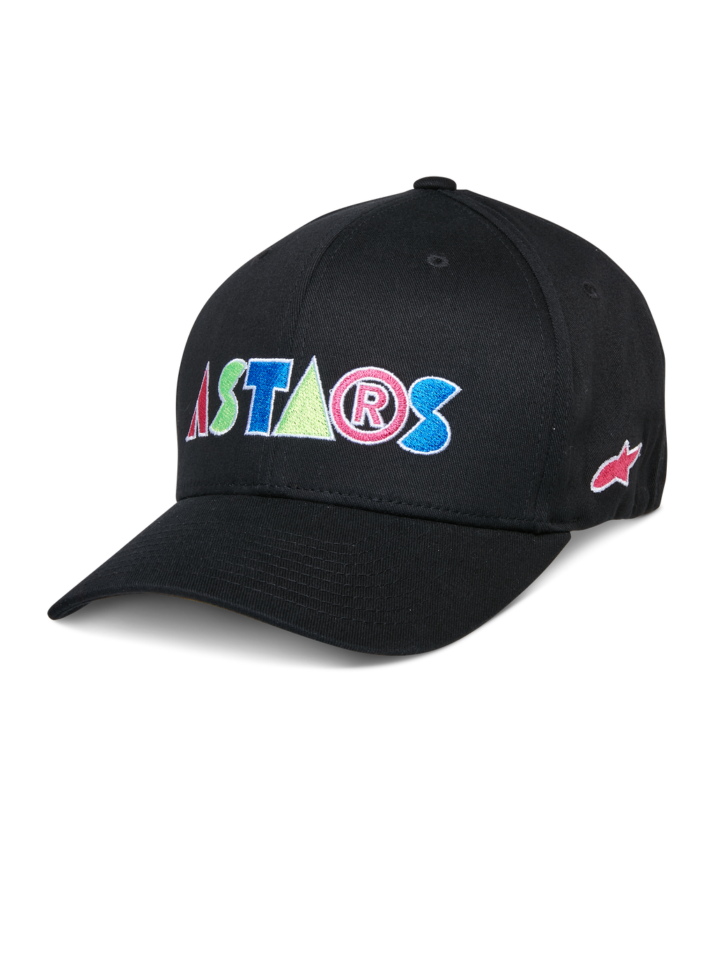 Alpinestars Cereal Hat, boné de basebol preto, com letras bordadas coloridas "ASTARS" em vermelho, azul, rosa e verde, aba curva, acessório de estilo de vida casual