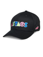 Alpinestars Cereal Hat, boné de basebol preto, com letras bordadas coloridas "ASTARS" em vermelho, azul, rosa e verde, aba curva, acessório de estilo de vida casual