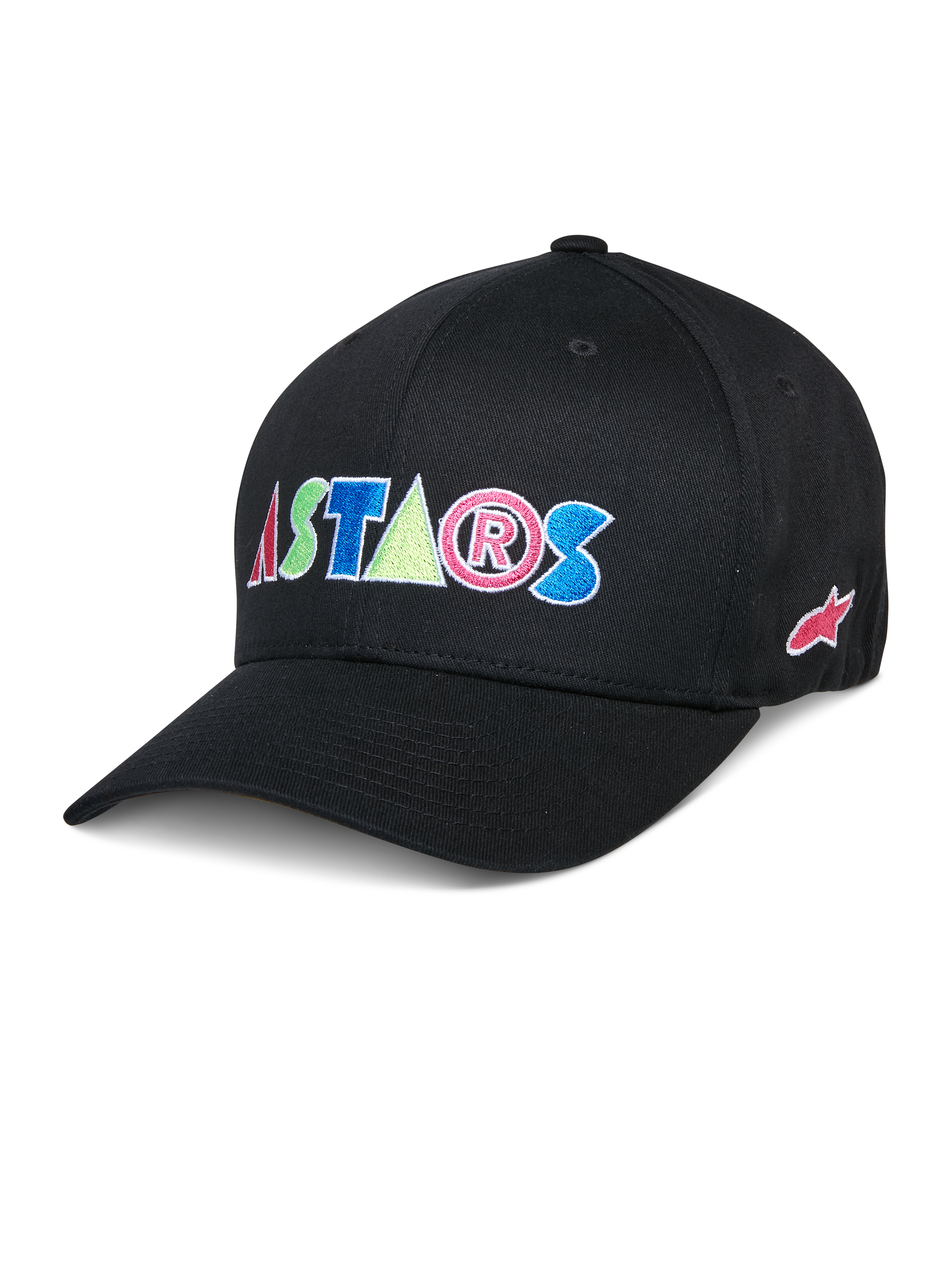 Alpinestars Cereal Hat, boné de basebol preto, com letras bordadas coloridas "ASTARS" em vermelho, azul, rosa e verde, aba curva, acessório de estilo de vida casual