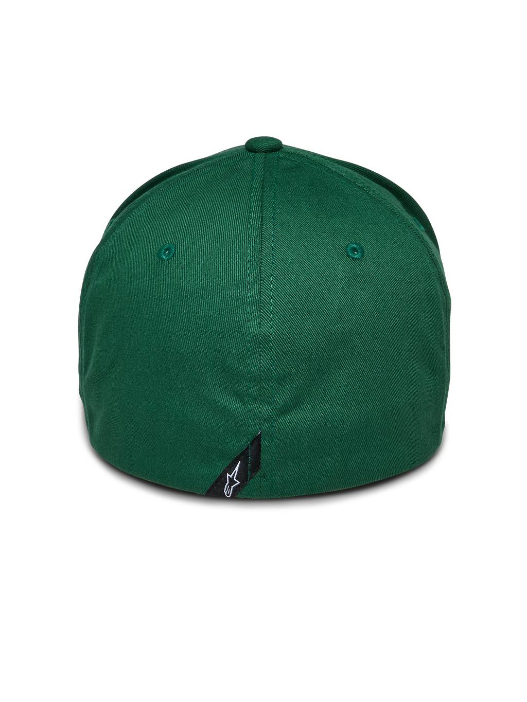 Alpinestars Cereal Hat, Green, back view of flex-back baseball cap, featuring a small black Alpinestars logo tag on the rear seam, structured crown in stretch twill fabric