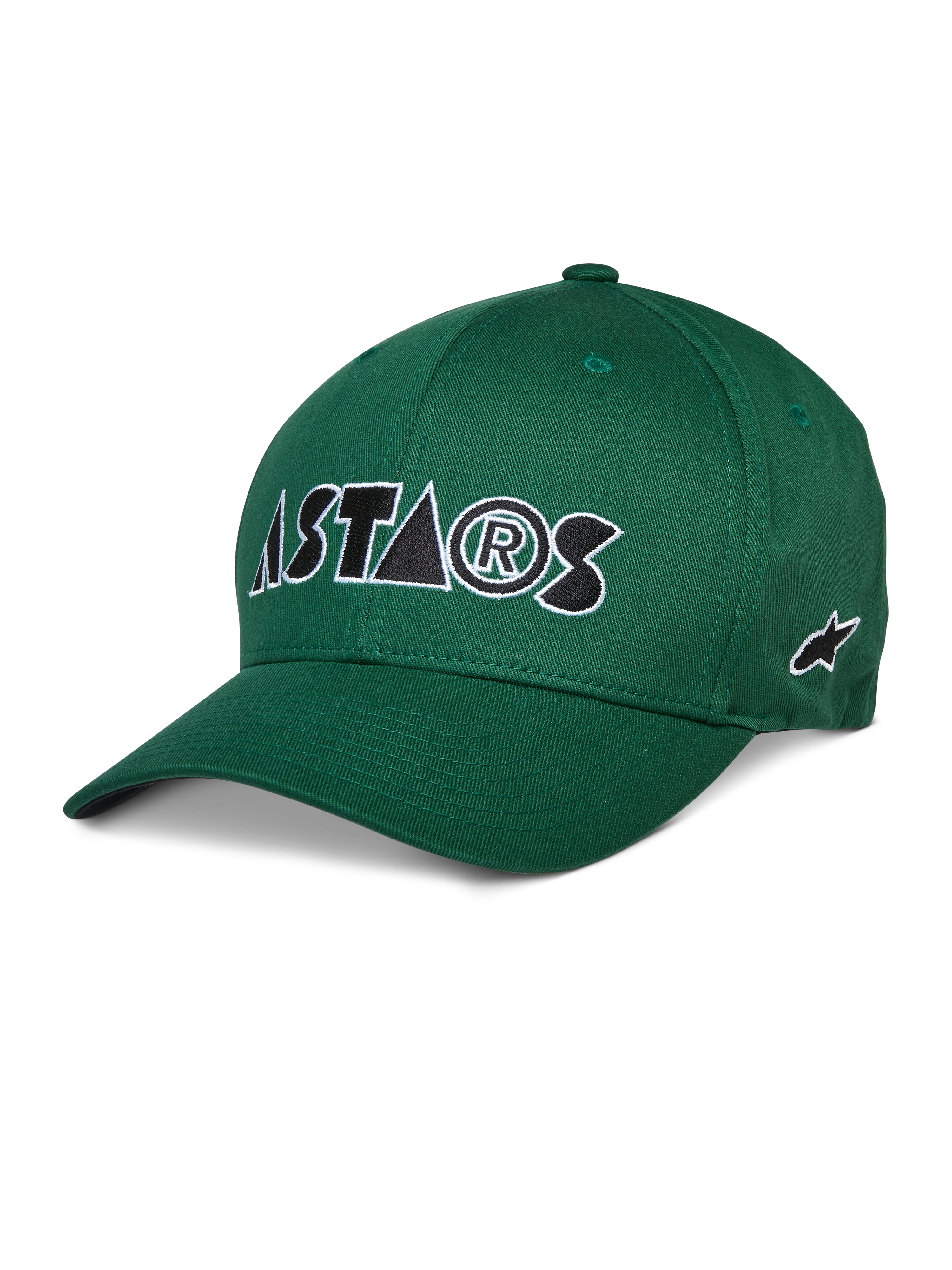 Alpinestars Cereal Hat, boné de basebol verde, logótipo bordado "ASTARS" a branco e preto, pala curva, coroa estruturada, roupa desportiva casual