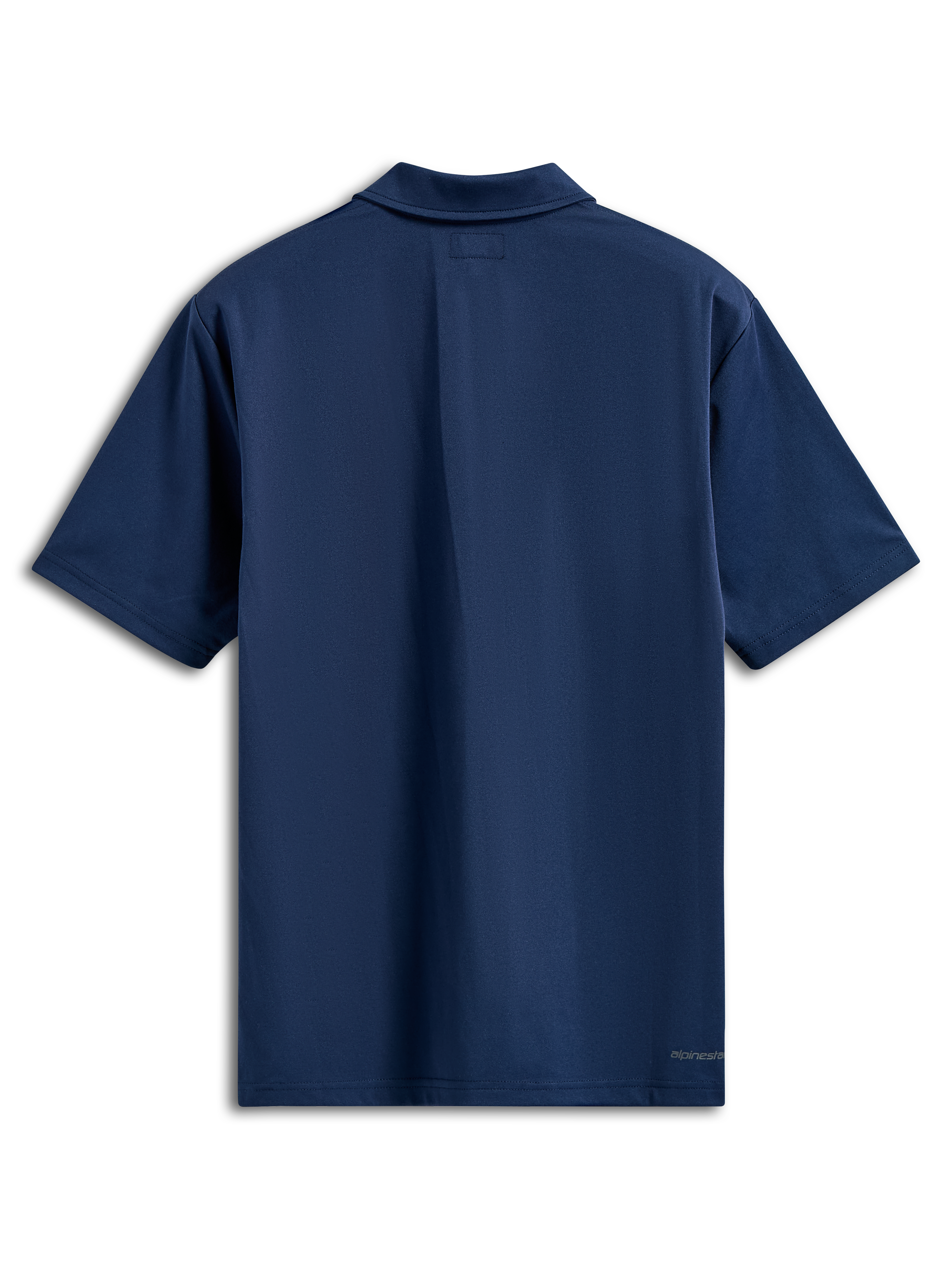 Polo Alpinestars Impetus Sport, polo de manga curta, azul-marinho, vista traseira com gola integrada e pequeno logótipo de texto na bainha inferior direita, streetwear casual de desportos motorizados