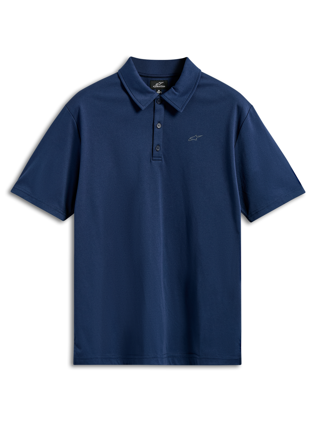 Polo Alpinestars Impetus Sport, polo de manga curta, azul marinho, tecido de malha com carcela de três botões e pequeno logótipo Astars cinzento no peito, vestuário desportivo casual de desportos motorizados