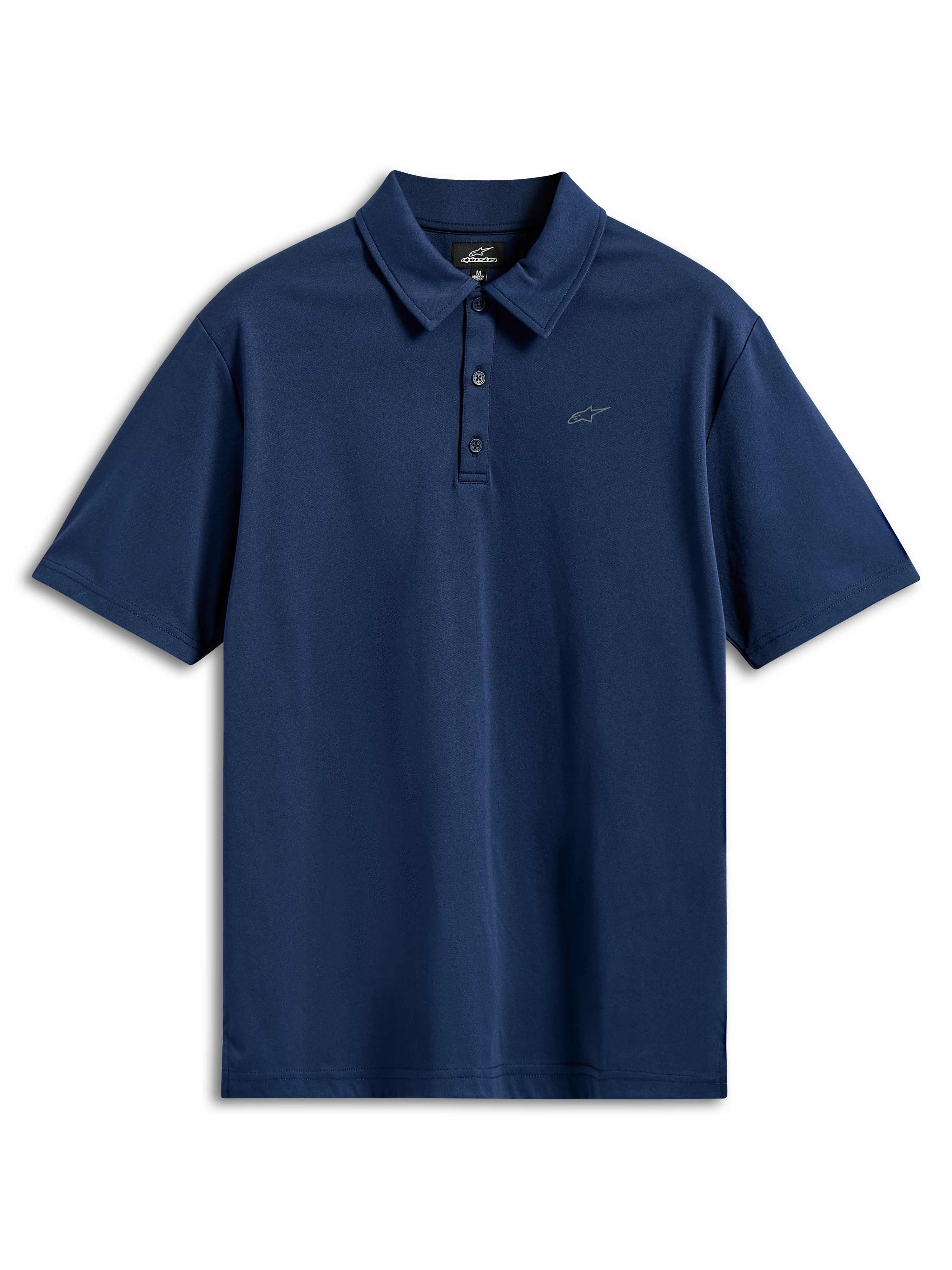 Polo Alpinestars Impetus Sport, polo de manga curta, azul marinho, tecido de malha com carcela de três botões e pequeno logótipo Astars cinzento no peito, vestuário desportivo casual de desportos motorizados