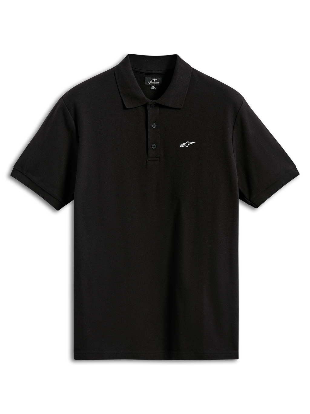 Alpinestars Endeavor Classic Polo, polo de manga curta em piqué, preto, com um pequeno logótipo Astars branco no peito, carcela de três botões e gola e punhos canelados, vestuário desportivo casual