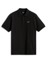 Alpinestars Endeavor Classic Polo, polo de manga curta em piqué, preto, com um pequeno logótipo Astars branco no peito, carcela de três botões e gola e punhos canelados, vestuário desportivo casual