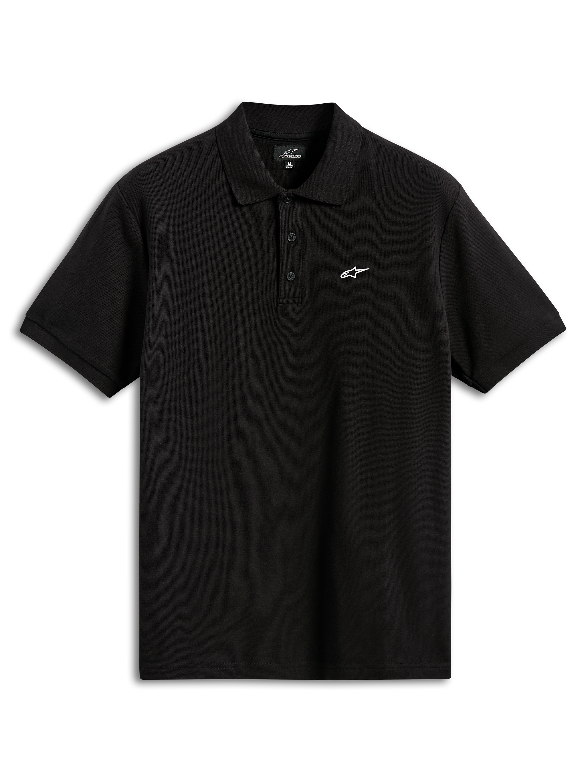 Alpinestars Endeavor Classic Polo, polo de manga curta em piqué, preto, com um pequeno logótipo Astars branco no peito, carcela de três botões e gola e punhos canelados, vestuário desportivo casual