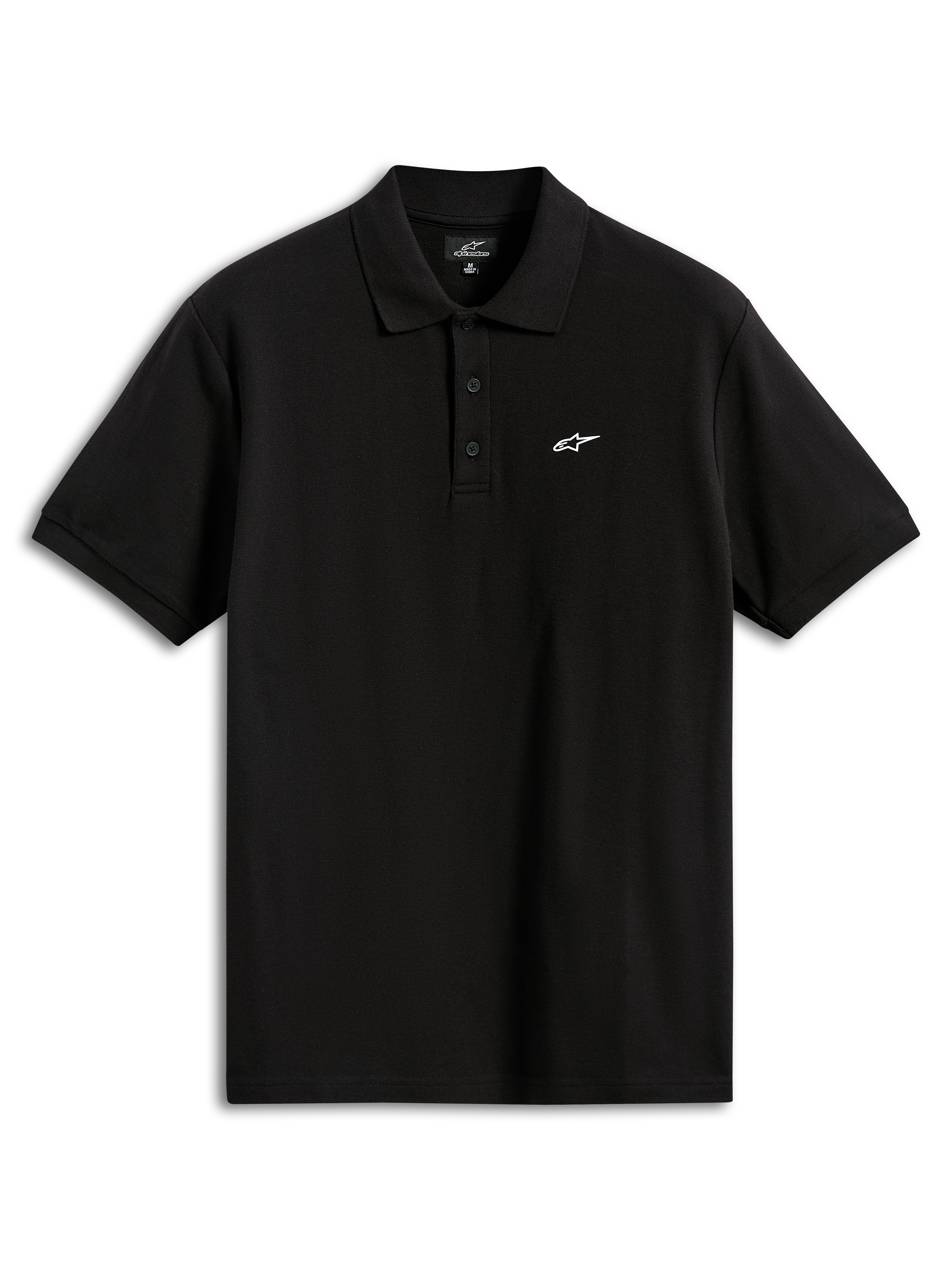 Alpinestars Endeavor Classic Polo, polo de manga curta em piqué, preto, com um pequeno logótipo Astars branco no peito, carcela de três botões e gola e punhos canelados, vestuário desportivo casual