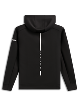 Alpinestars Insight Hoodie, back view, black pullover fleece hoodie, vertical white stripe with 'RACING AHEAD' text, Alpinestars word logo on the sleeve, casual motorsport-inspired streetwear