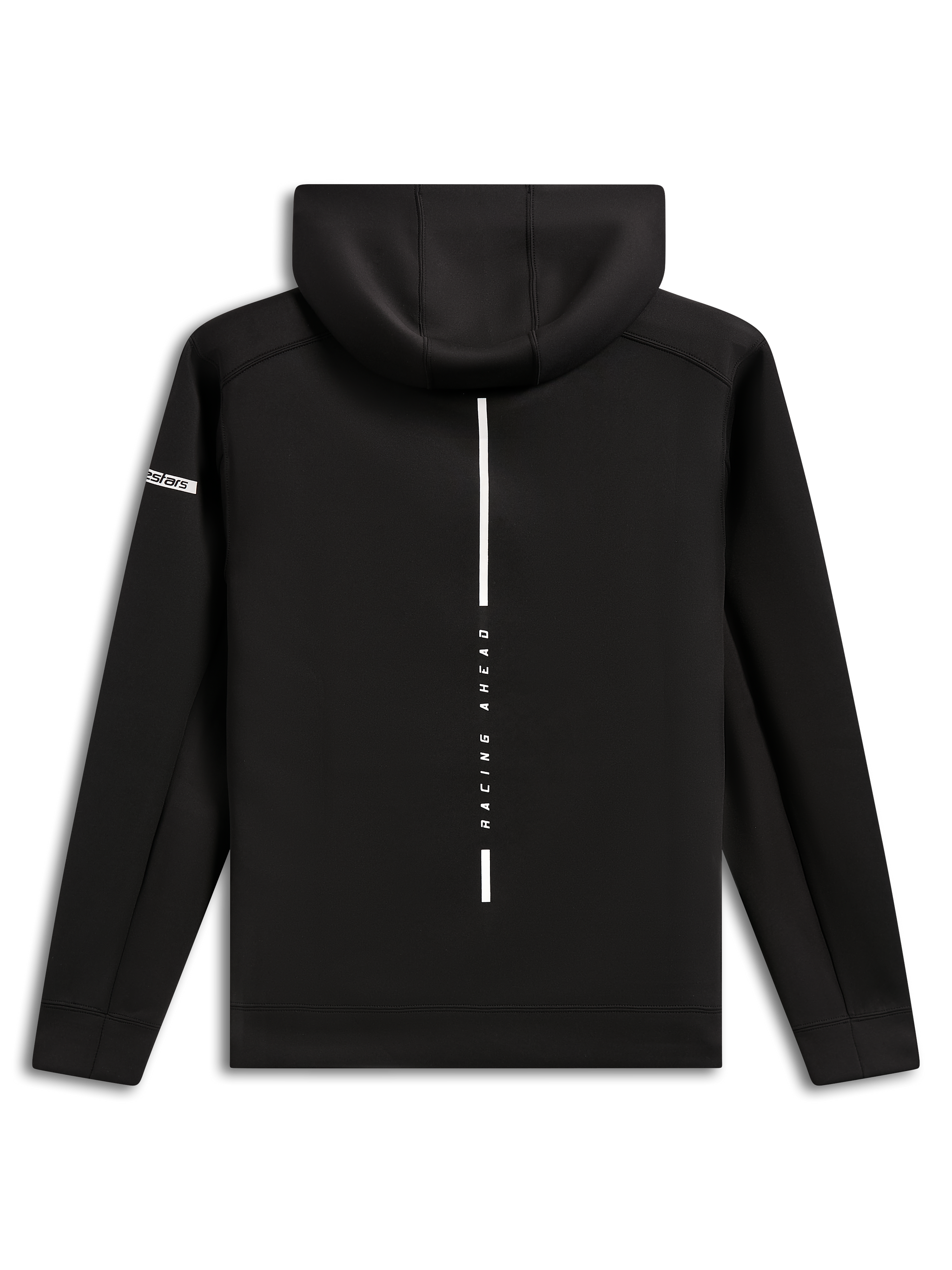 Alpinestars Insight Hoodie, back view, black pullover fleece hoodie, vertical white stripe with 'RACING AHEAD' text, Alpinestars word logo on the sleeve, casual motorsport-inspired streetwear