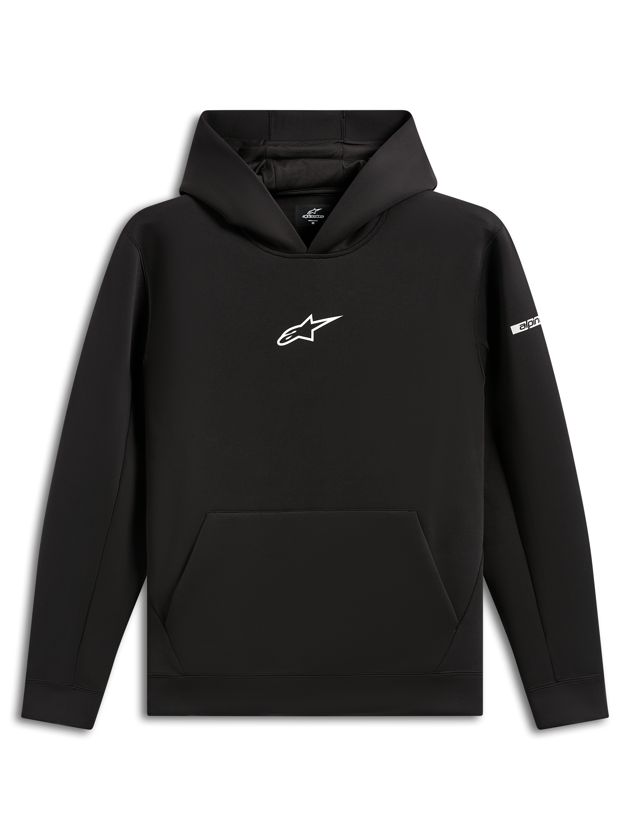 Alpinestars Insight Hoodie, Black pullover sweatshirt, white Astars logo on chest, kangaroo pocket, mesh-lined hood, casual motorsport-inspired streetwear