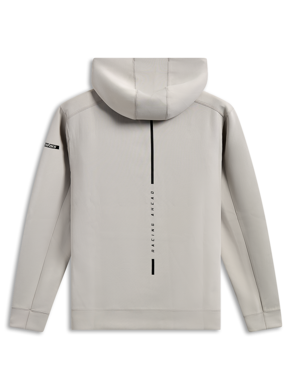 Alpinestars Insight Hoodie, vista traseira de camisola cinzenta "cement", risca preta vertical com texto "RACING AHEAD", pequeno logótipo Astars na manga, lã tri-blend de dupla face suave, estilo casual motorsport