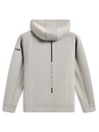 Alpinestars Insight Hoodie, vista traseira de camisola cinzenta "cement", risca preta vertical com texto "RACING AHEAD", pequeno logótipo Astars na manga, lã tri-blend de dupla face suave, estilo casual motorsport