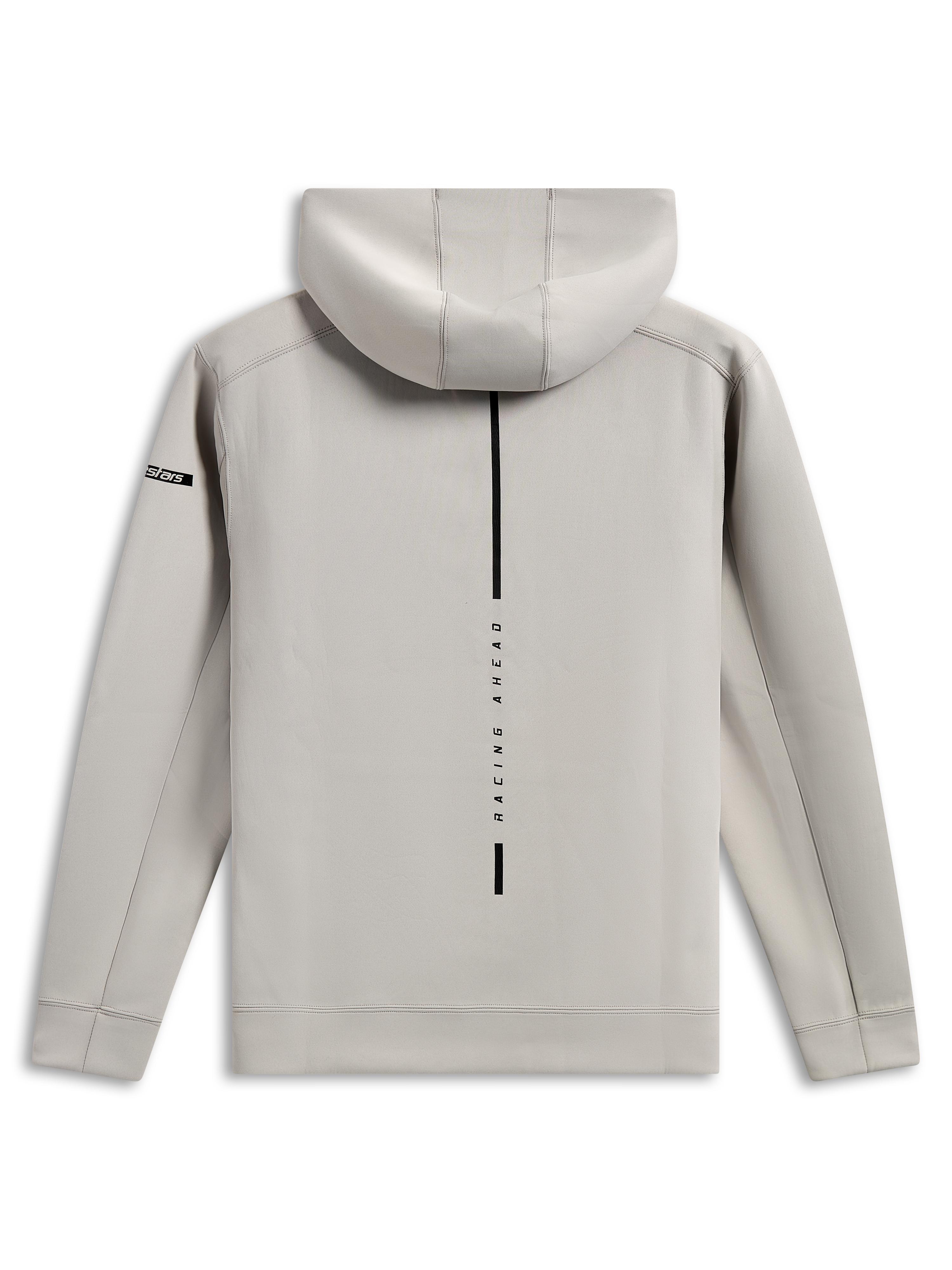 Alpinestars Insight Hoodie, vista traseira de camisola cinzenta "cement", risca preta vertical com texto "RACING AHEAD", pequeno logótipo Astars na manga, lã tri-blend de dupla face suave, estilo casual motorsport