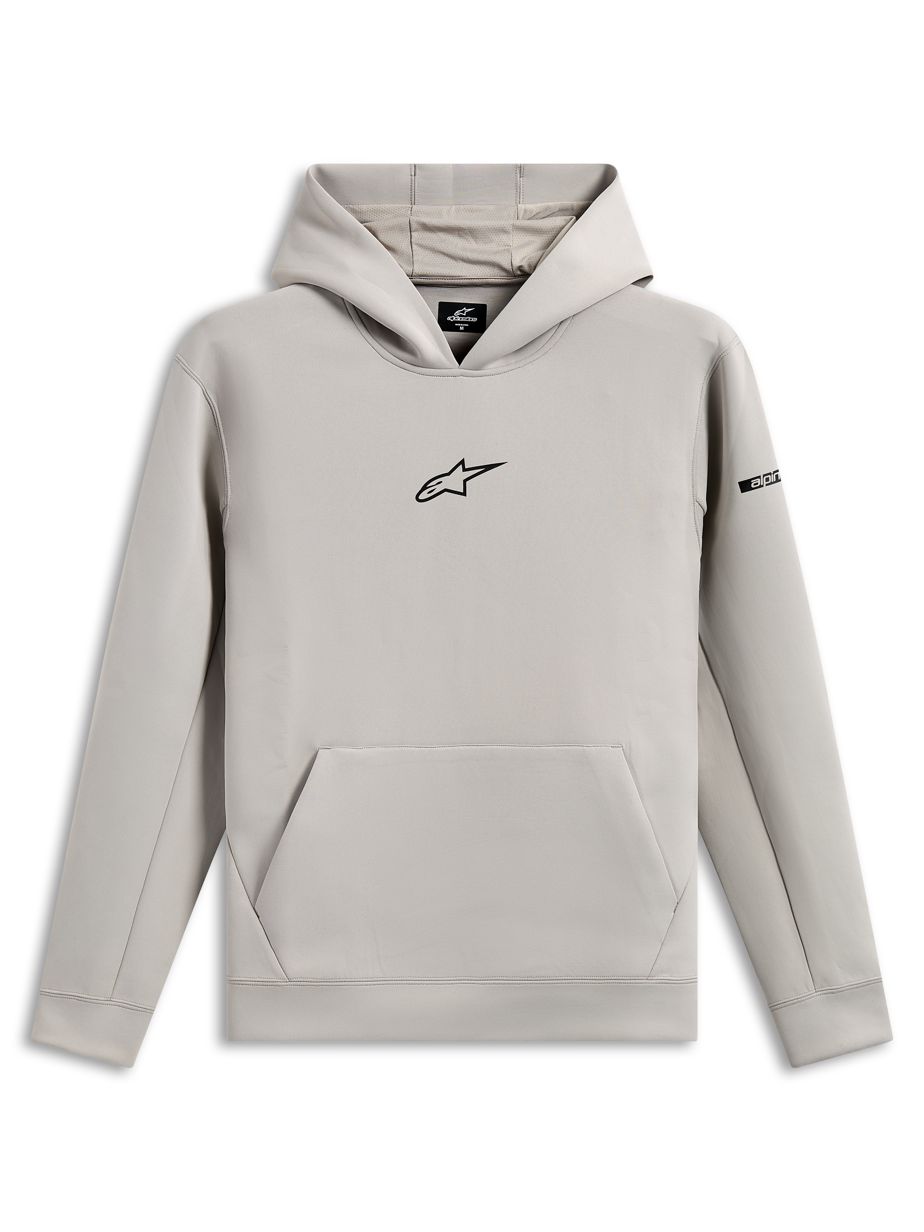 Alpinestars Insight Hoodie, sweatshirt casual, cinzento Cement com logótipo Astars preto no peito, bolso canguru, capuz forrado com rede, mangas compridas, design moderno inspirado no desporto motorizado