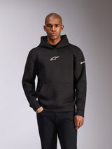 Alpinestars Insight Hoodie, Black Pullover Hoodie, white Astars logo on chest and wordmark on sleeve, kangaroo pocket, tri-blend double face fleece, casual motorsport streetwear