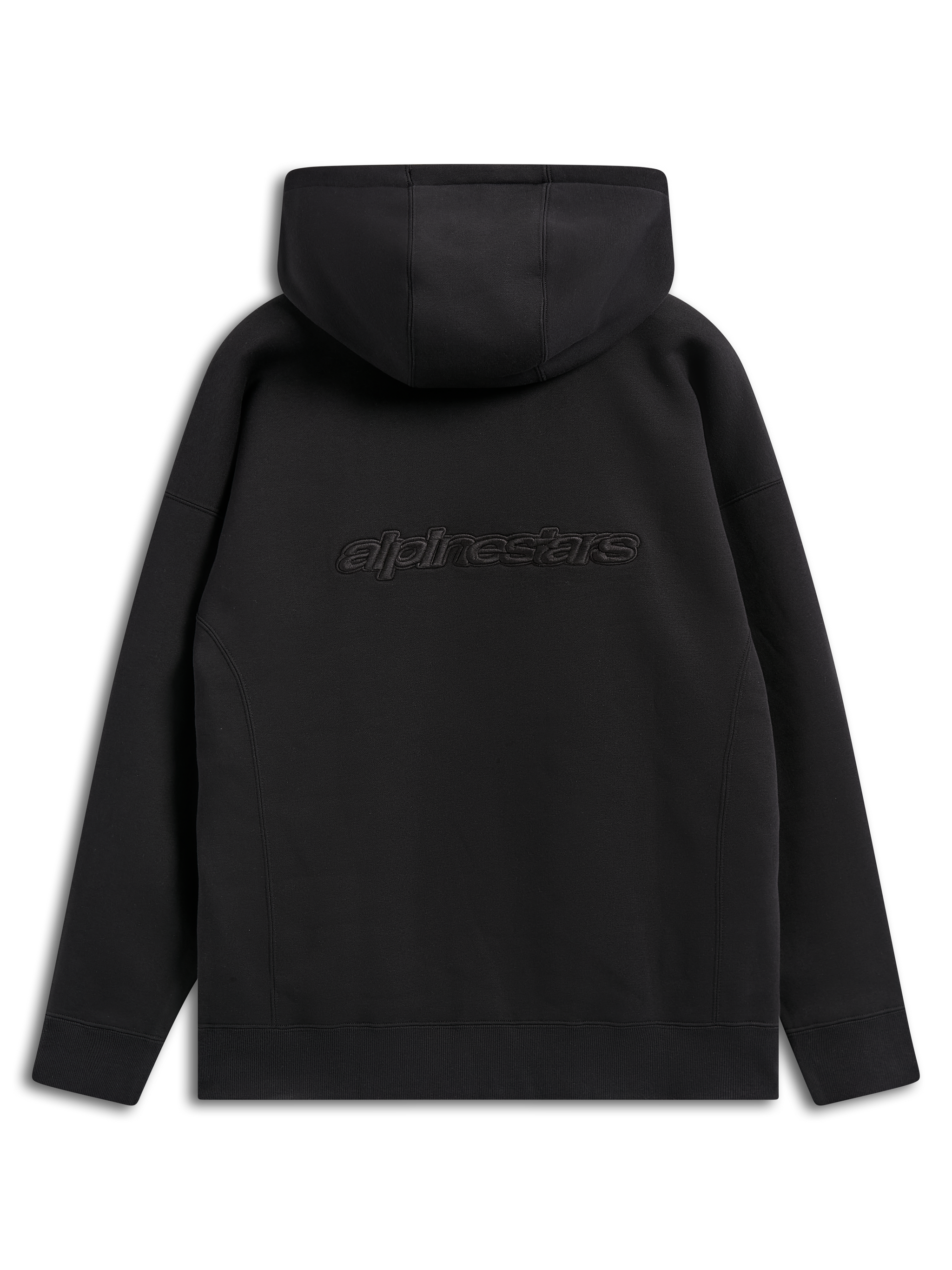 Alpinestars Emergent Oversized Hoodie, sweatshirt preta de estilo streetwear casual, vista traseira mostrando o logótipo Alpinestars bordado, corte oversized com design de capuz e bainha com nervuras