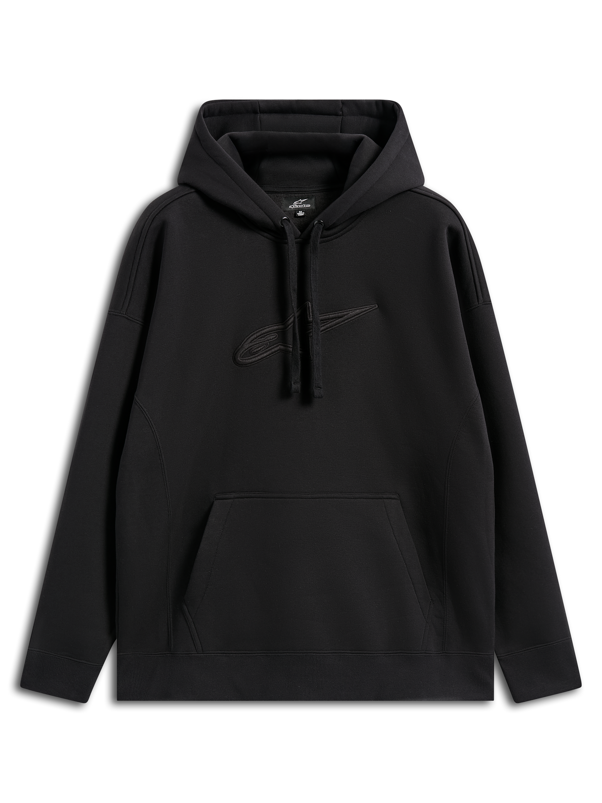 Alpinestars Emergent Oversized Hoodie, sweatshirt com capuz de estilo streetwear casual, preta com logótipo Astars bordado tom sobre tom, corte oversized, capuz com cordão, bolso canguru e design moderno inspirado no desporto motorizado