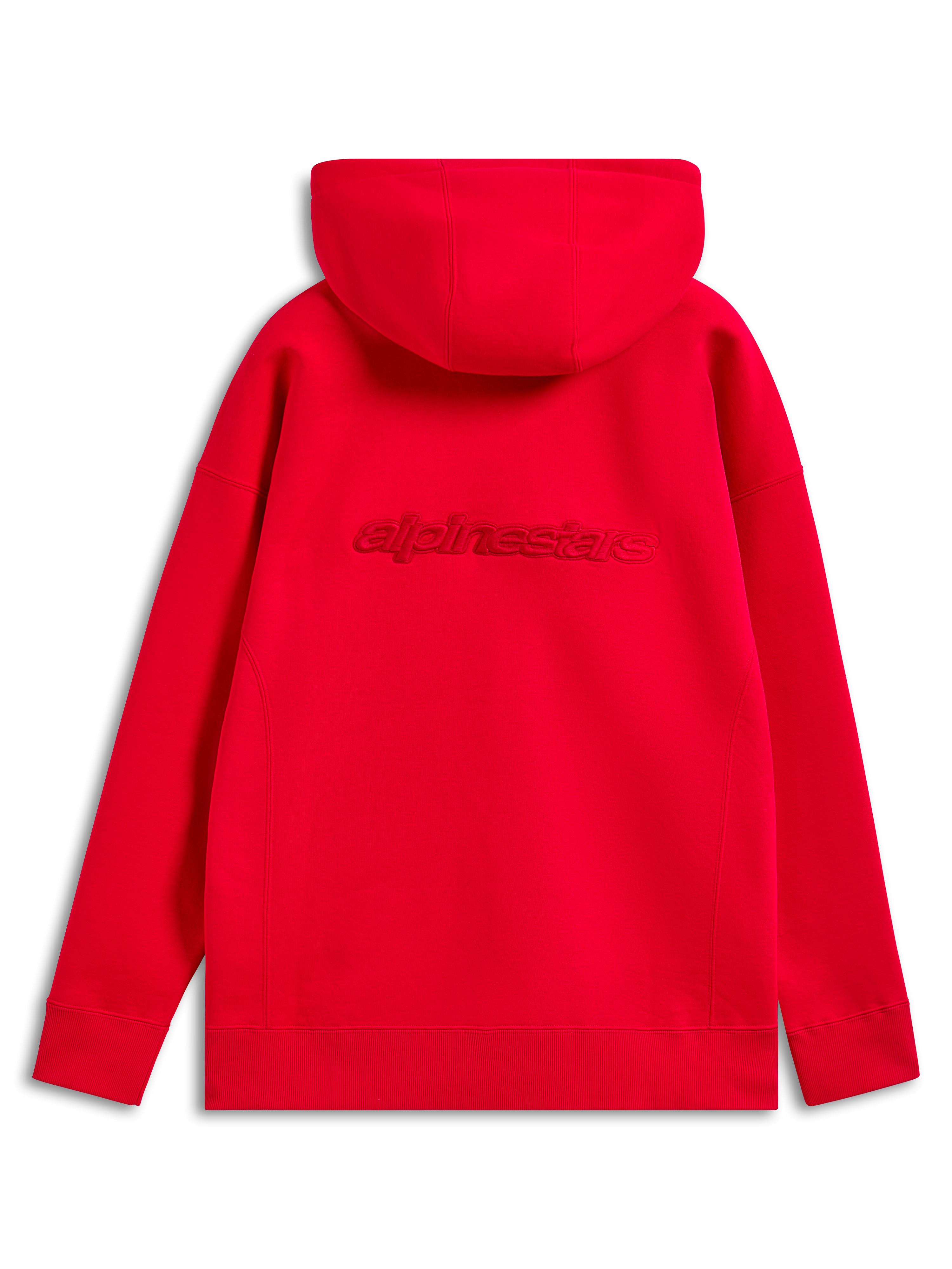 Alpinestars Emergent Oversized Hoodie, vermelho, vista traseira com o logótipo Alpinestars bordado à cor nas costas, corte oversized com punhos e bainha canelados, streetwear casual de motorsport