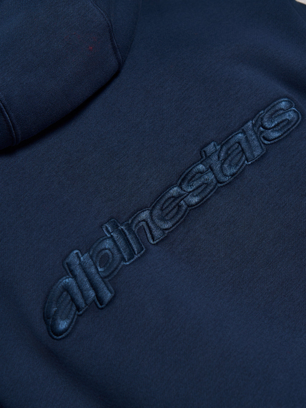 Alpinestars Emergent Oversized Hoodie, Navy Blue, close-up detail of tonal 3D embroidered Alpinestars word logo on back, premium fleece texture