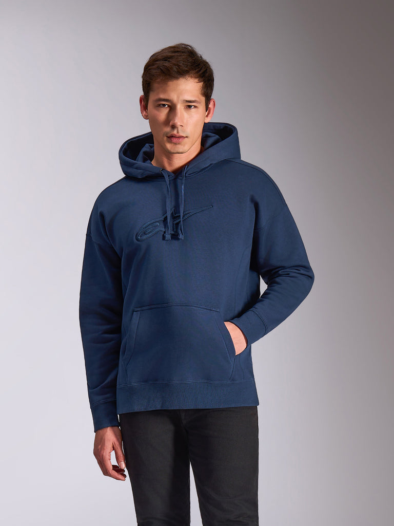 Alpinestars Emergent Oversized Hoodie, sweatshirt em fleece azul-marinho, logótipo Astars bordado em 3D no peito no mesmo tom, corte oversized descontraído com bolso canguru e capuz com cordão, streetwear casual inspirado no desporto motorizado