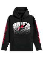 Alpinestars Obsessed Hoodie, Black pullover hoodie, large front Astars logo with white and red MX gradation, red Alpinestars wordmarks on sleeves, drawstring hood and kangaroo pocket, casual motorsport-inspired streetwear