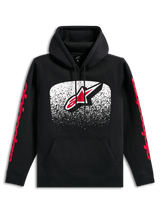 Alpinestars Obsessed Hoodie, sweatshirt preta com capuz, logótipo Astars grande na frente com gradação MX branca e vermelha, logótipos Alpinestars vermelhos nas mangas, capuz com cordão e bolso canguru, vestuário urbano casual inspirado no desporto motorizado