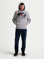 Alpinestars camisola com capuz Obsessed, camisola em fleece para homem, cinzenta com gráficos em gradação pretos e vermelhos, logótipo frontal Astars e branding nas mangas, estilo casual de desportos motorizados