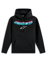 Alpinestars Ellipsoid Hoodie, camisola com capuz preta em fleece, com a palavra Astars curvada em gradiente azul-turquesa e vermelho e logótipo de estrela branco, capuz com cordão, bolso canguru, streetwear casual inspirado no desporto motorizado