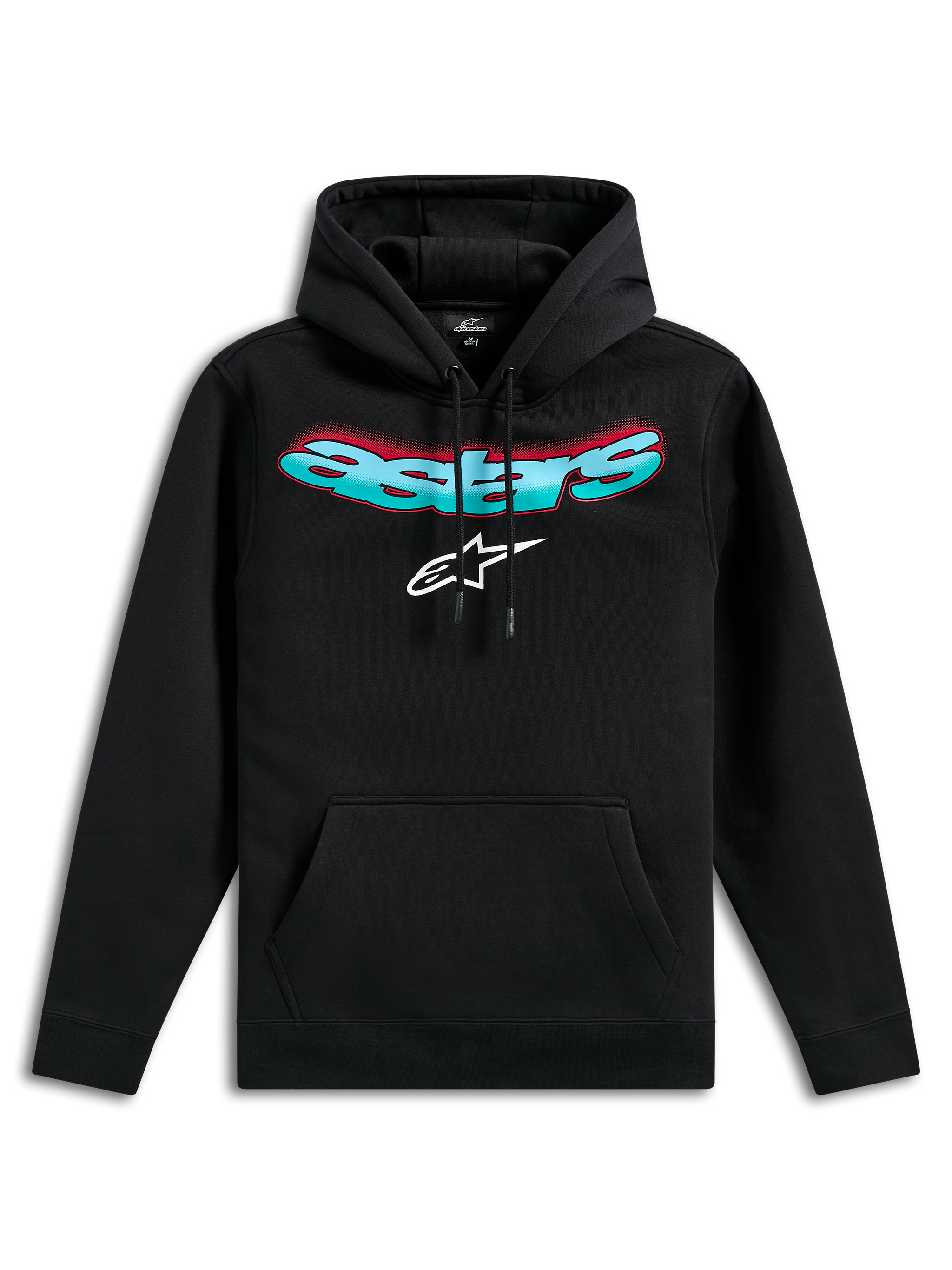 Alpinestars Ellipsoid Hoodie, camisola com capuz preta em fleece, com a palavra Astars curvada em gradiente azul-turquesa e vermelho e logótipo de estrela branco, capuz com cordão, bolso canguru, streetwear casual inspirado no desporto motorizado