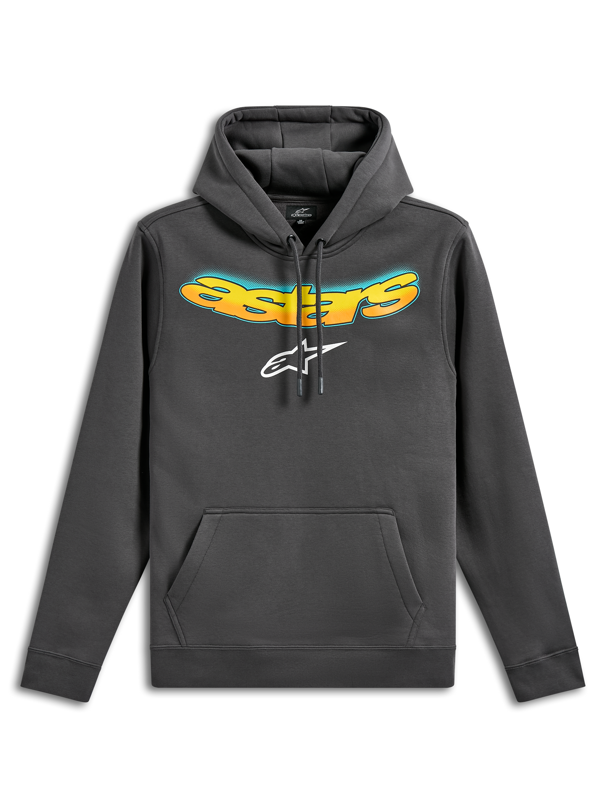 Alpinestars Ellipsoid Hoodie, camisola com capuz em fleece, cinza gunmetal, com a inscrição Astars curvada em gradiente de amarelo e laranja e logótipo Astars branco, bolso canguru frontal, streetwear casual inspirado no desporto motorizado