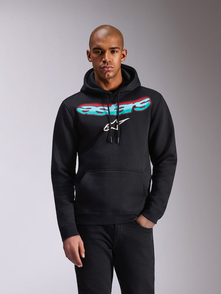Alpinestars Ellipsoid Hoodie, camisola com capuz em fleece preto, logótipo Astars com gradiente de cor azul-petróleo e rosa e logótipo de estrela branco no peito, capuz com cordão, bolso canguru, vestuário desportivo casual