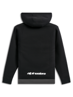 Alpinestars Parallel Hoodie, back view, black with a gunmetal grey hem, white Alpinestars word logo on the lower back, casual motorsport-inspired streetwear, long sleeves with ribbed cuffs