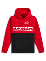 Alpinestars Parallel Hoodie, camisola com capuz em fleece, design com blocos de cor em vermelho e preto, apresenta o logótipo Astars branco e o logótipo da palavra Alpinestars a vermelho sobre uma barra branca no peito, capuz com cordão, bolso canguru, streetwear casual inspirado no desporto motorizado