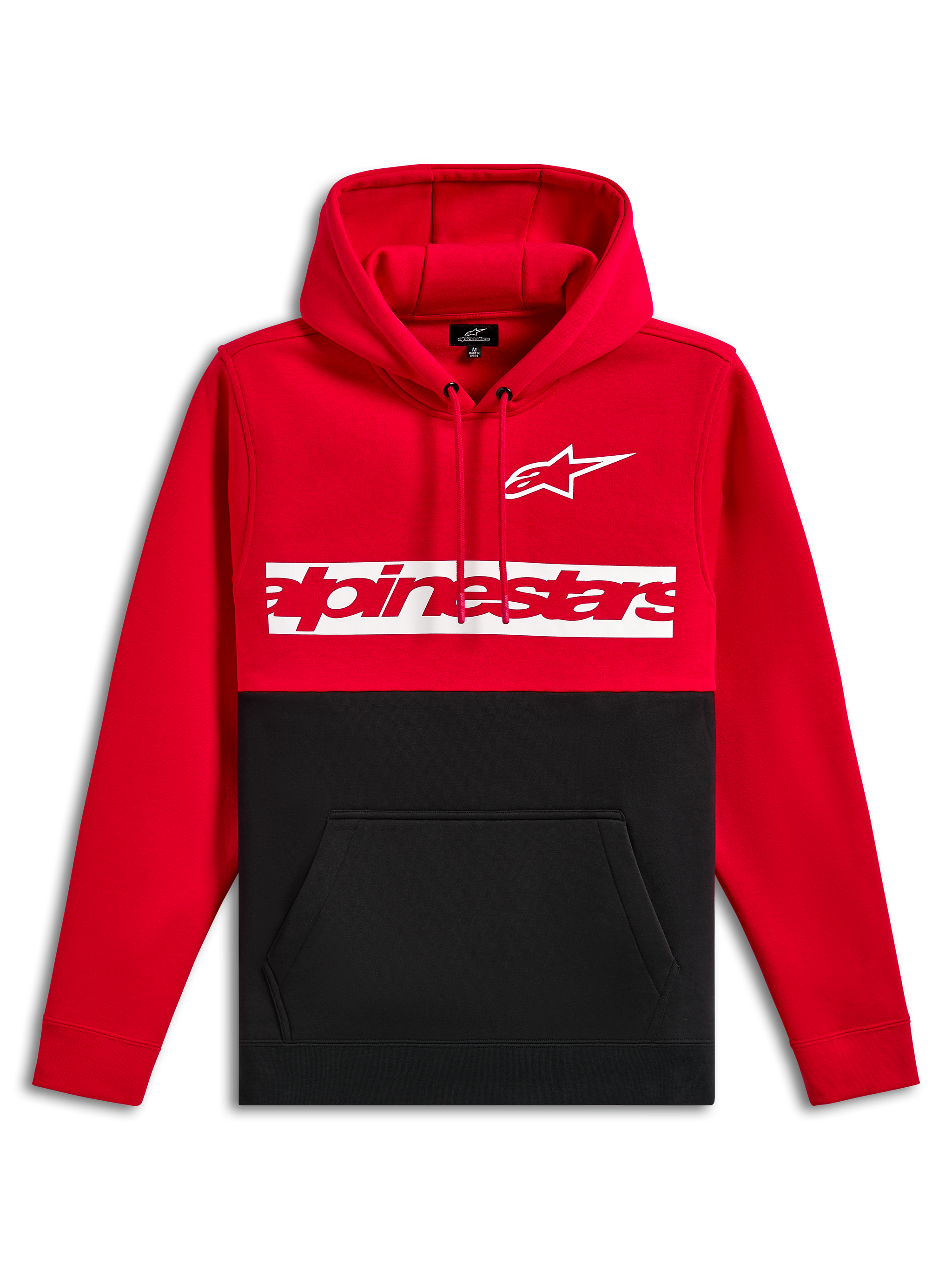 Alpinestars Parallel Hoodie, camisola com capuz em fleece, design com blocos de cor em vermelho e preto, apresenta o logótipo Astars branco e o logótipo da palavra Alpinestars a vermelho sobre uma barra branca no peito, capuz com cordão, bolso canguru, streetwear casual inspirado no desporto motorizado