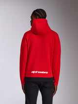 Alpinestars Parallel Hoodie, vista traseira, vermelho com bainha canelada preta, logótipo da palavra Alpinestars em branco na parte inferior das costas, streetwear casual inspirado no desporto motorizado