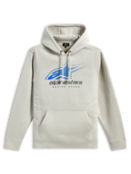Alpinestars Pulse Hoodie, streetwear casual, off-white com logótipo Astars azul e branding cinzento, bolso canguru frontal, capuz com cordão, mangas compridas, design moderno inspirado no desporto motorizado