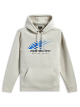 Alpinestars Pulse Hoodie, streetwear casual, off-white com logótipo Astars azul e branding cinzento, bolso canguru frontal, capuz com cordão, mangas compridas, design moderno inspirado no desporto motorizado