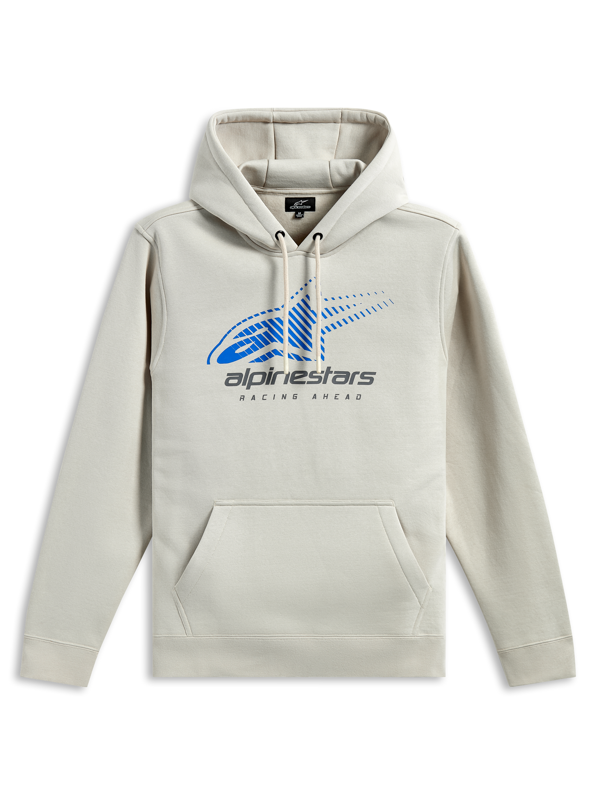 Alpinestars Pulse Hoodie, streetwear casual, off-white com logótipo Astars azul e branding cinzento, bolso canguru frontal, capuz com cordão, mangas compridas, design moderno inspirado no desporto motorizado