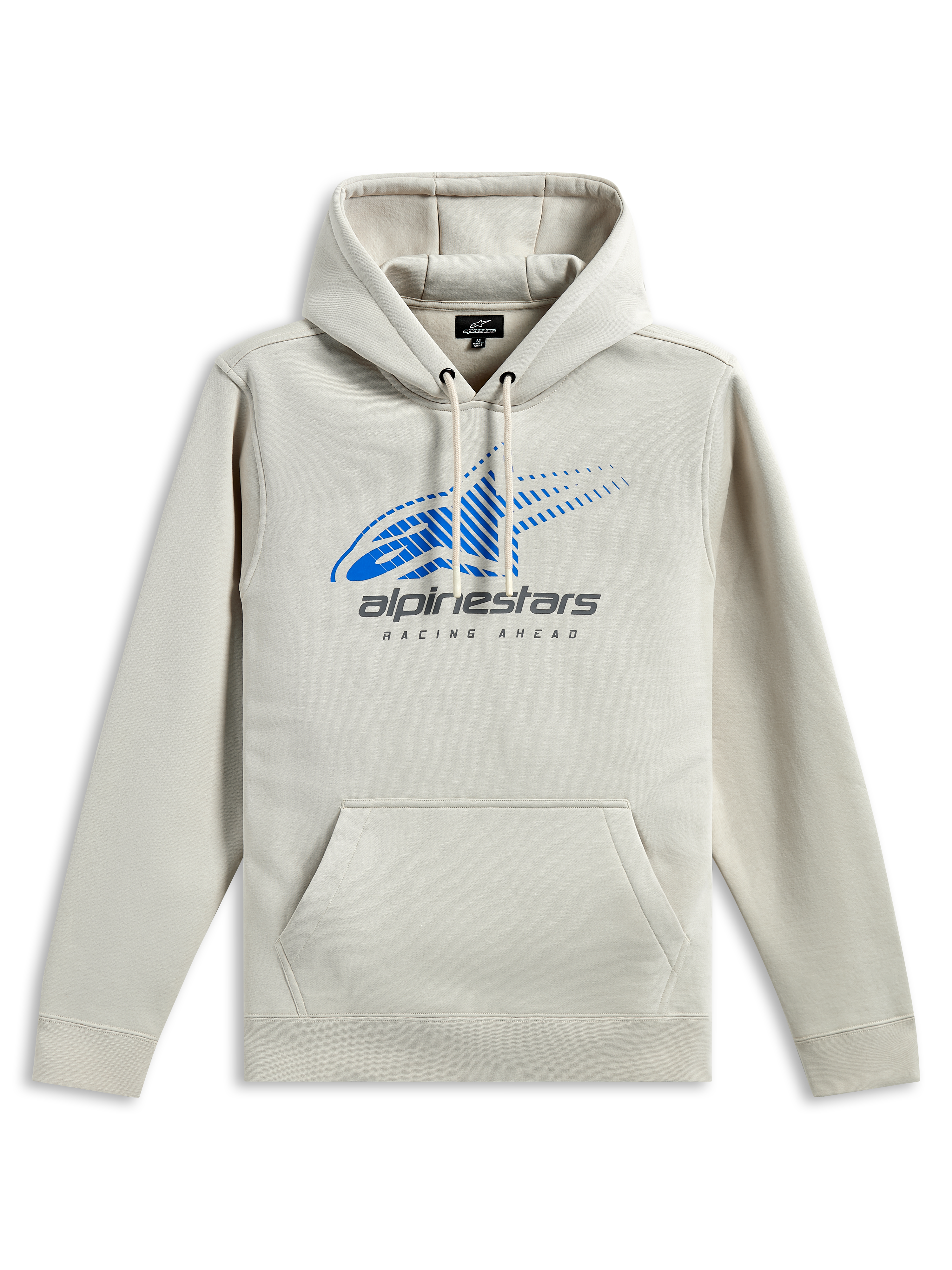 Alpinestars Pulse Hoodie, streetwear casual, off-white com logótipo Astars azul e branding cinzento, bolso canguru frontal, capuz com cordão, mangas compridas, design moderno inspirado no desporto motorizado