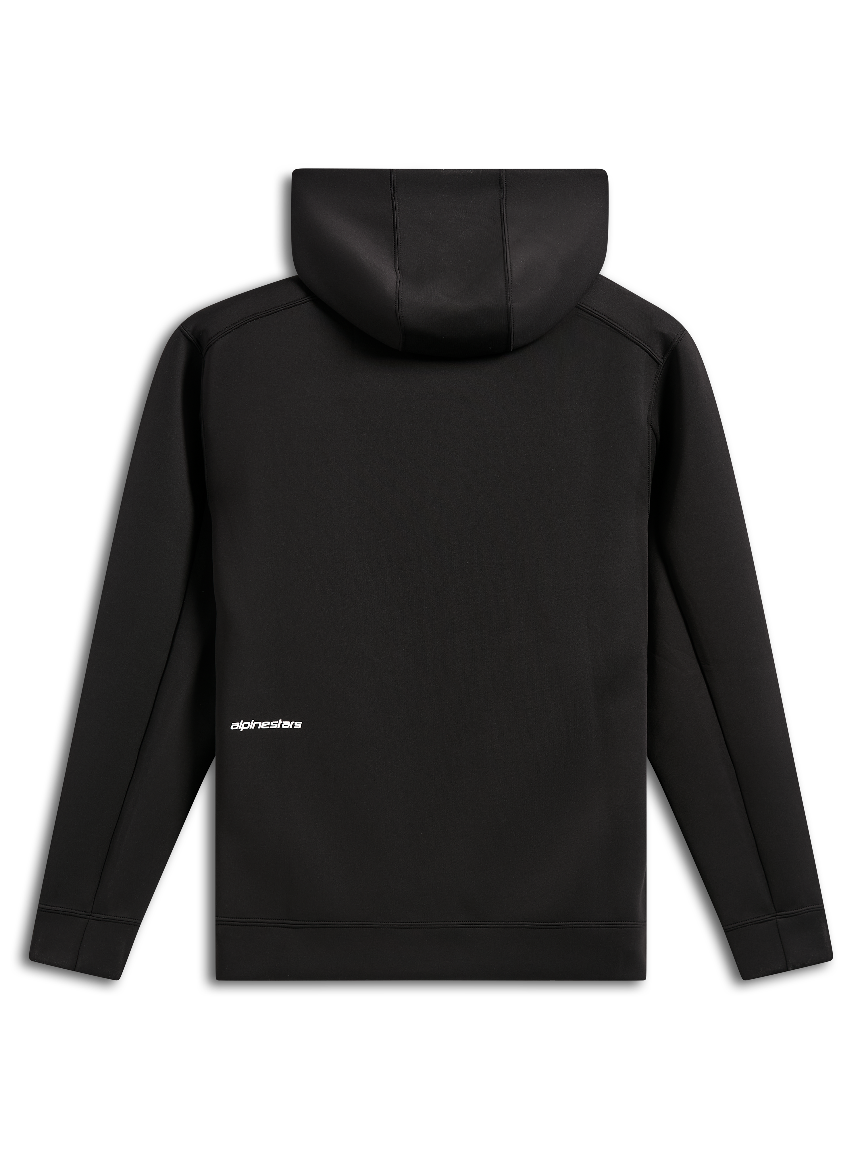 Alpinestars Cypher Hoodie, back view, Black, casual zip-front double face fleece hoodie, small white Alpinestars word logo on the lower back, mesh-lined hood, modern motorsport-inspired design