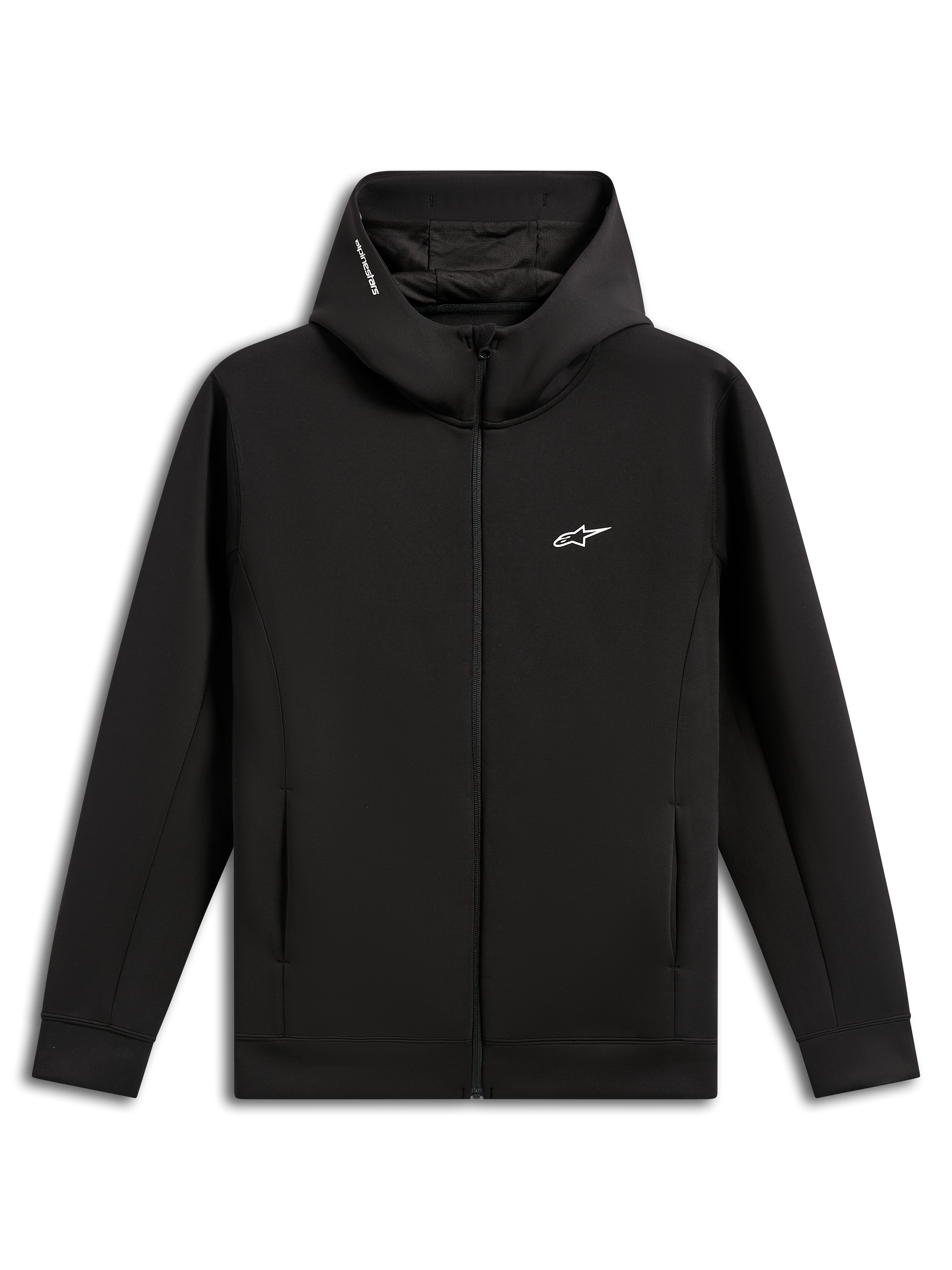 Alpinestars Cypher Hoodie, Black, zip-front double face fleece, high neck hood with mesh lining and Alpinestars word logo, small white Astars logo on chest, on-seam pockets, casual motorsport-inspired streetwear