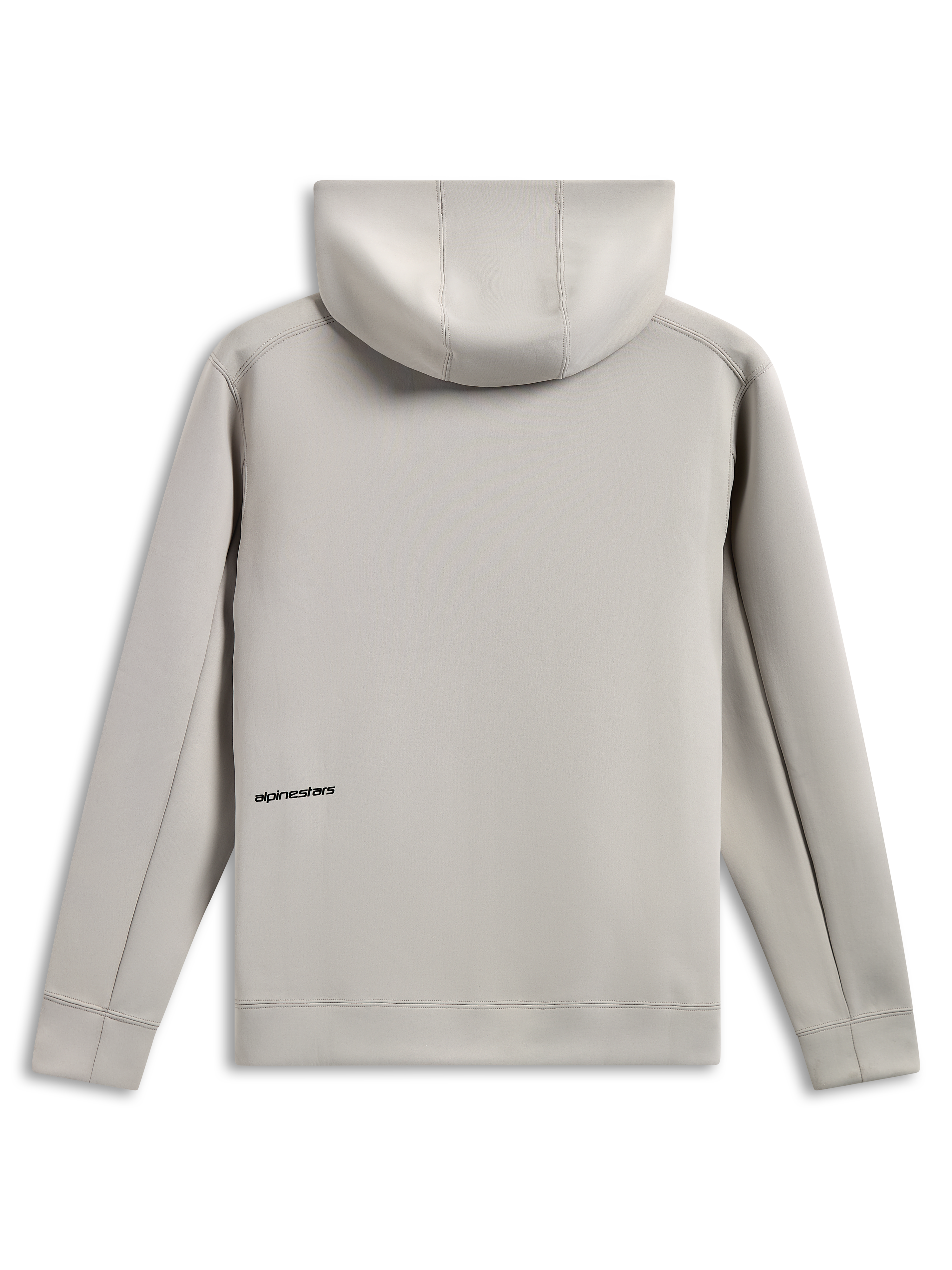Alpinestars Cypher Hoodie, back view, cement gray, tri-blend double face fleece, small black word logo on the lower back, mesh-lined hood, casual motorsport-inspired streetwear