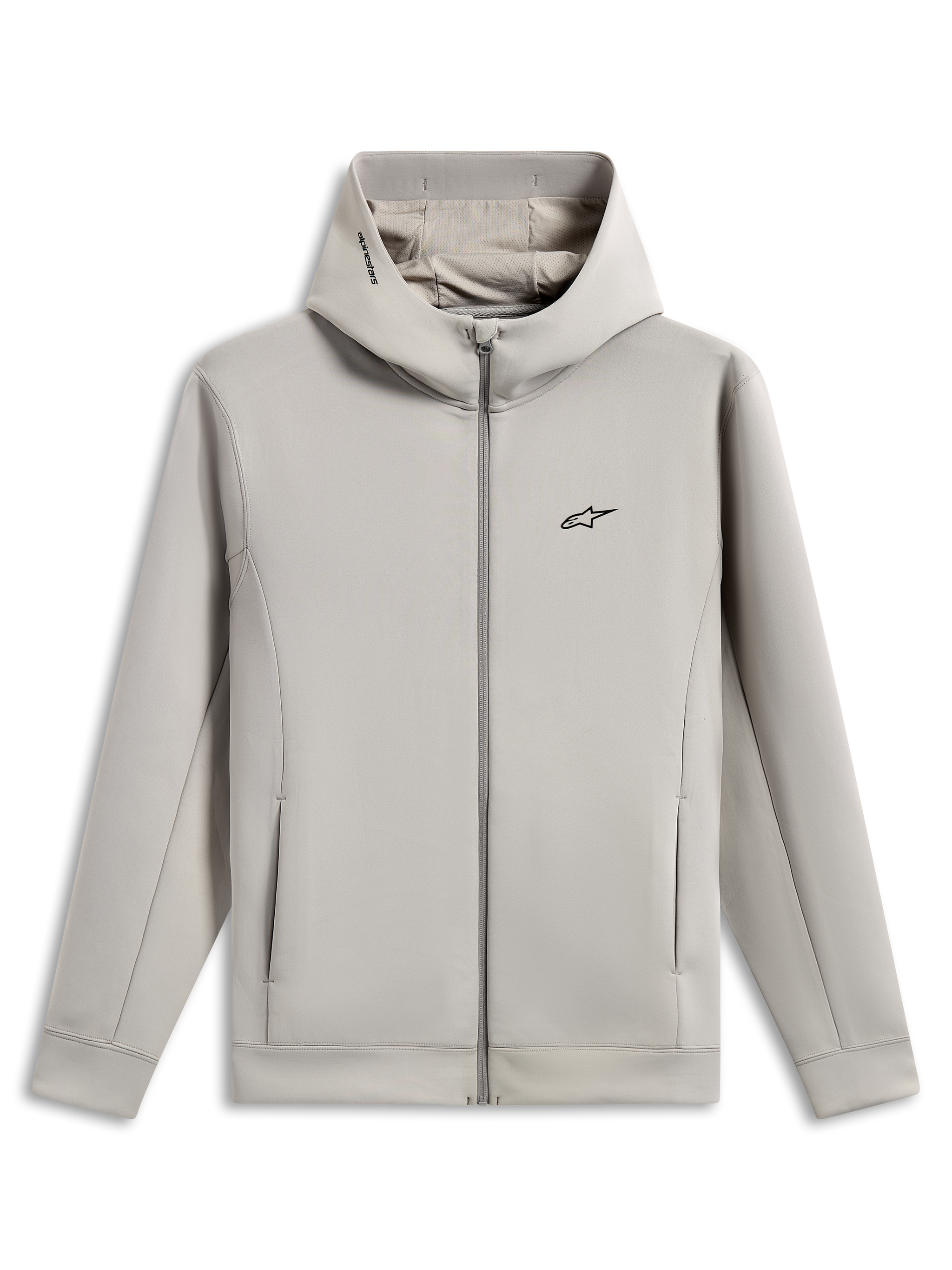 Alpinestars Cypher Hoodie, hoodie de lã dupla face com fecho integral, cinzento Cement, com logótipo Astars preto no peito, capuz de gola alta forrado a malha com o logótipo Alpinestars, bolsos nas costuras, design casual de sportswear