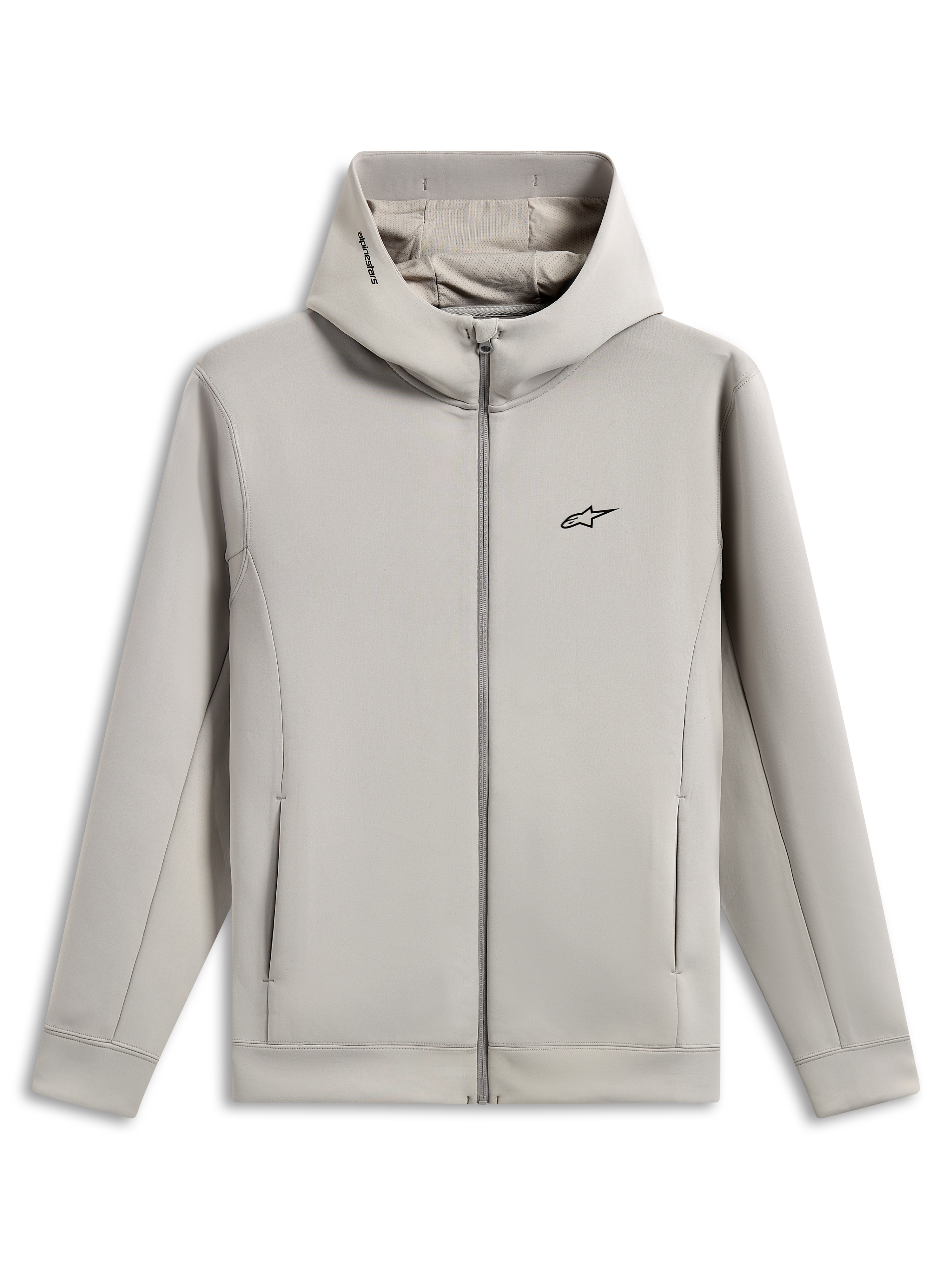 Alpinestars Cypher Hoodie, full-zip double face fleece hoodie, Cement gray, featuring a black Astars chest logo, high neck mesh-lined hood with Alpinestars word logo, on-seam pockets, casual sportswear design