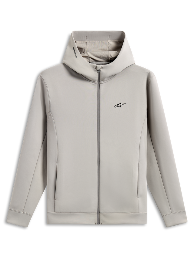 Alpinestars Cypher Hoodie, full-zip double face fleece hoodie, Cement gray, featuring a black Astars chest logo, high neck mesh-lined hood with Alpinestars word logo, on-seam pockets, casual sportswear design