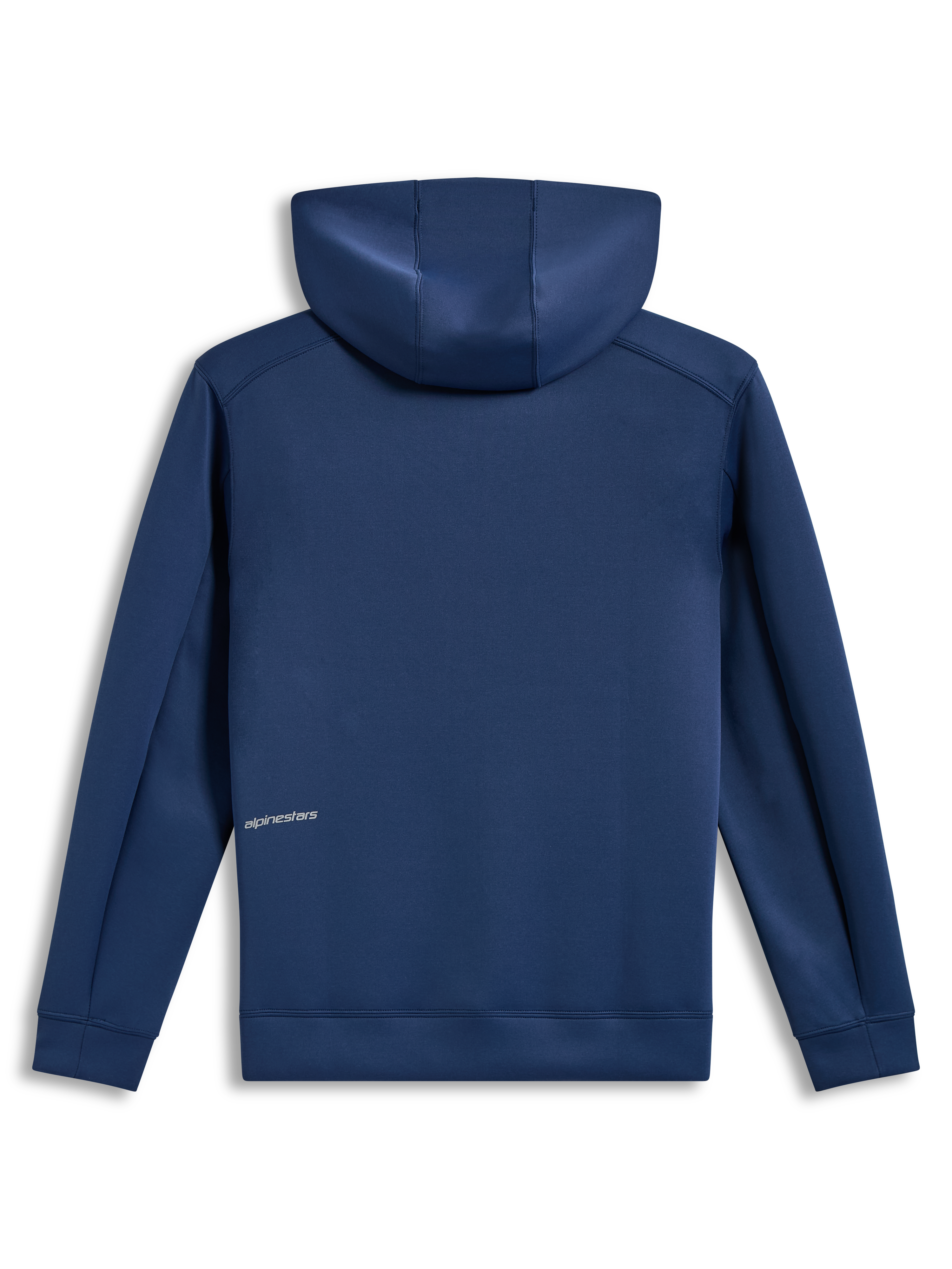 Alpinestars Cypher Hoodie, hoodie de fleece tri-blend azul aço, vista traseira com detalhe do logótipo Alpinestars.