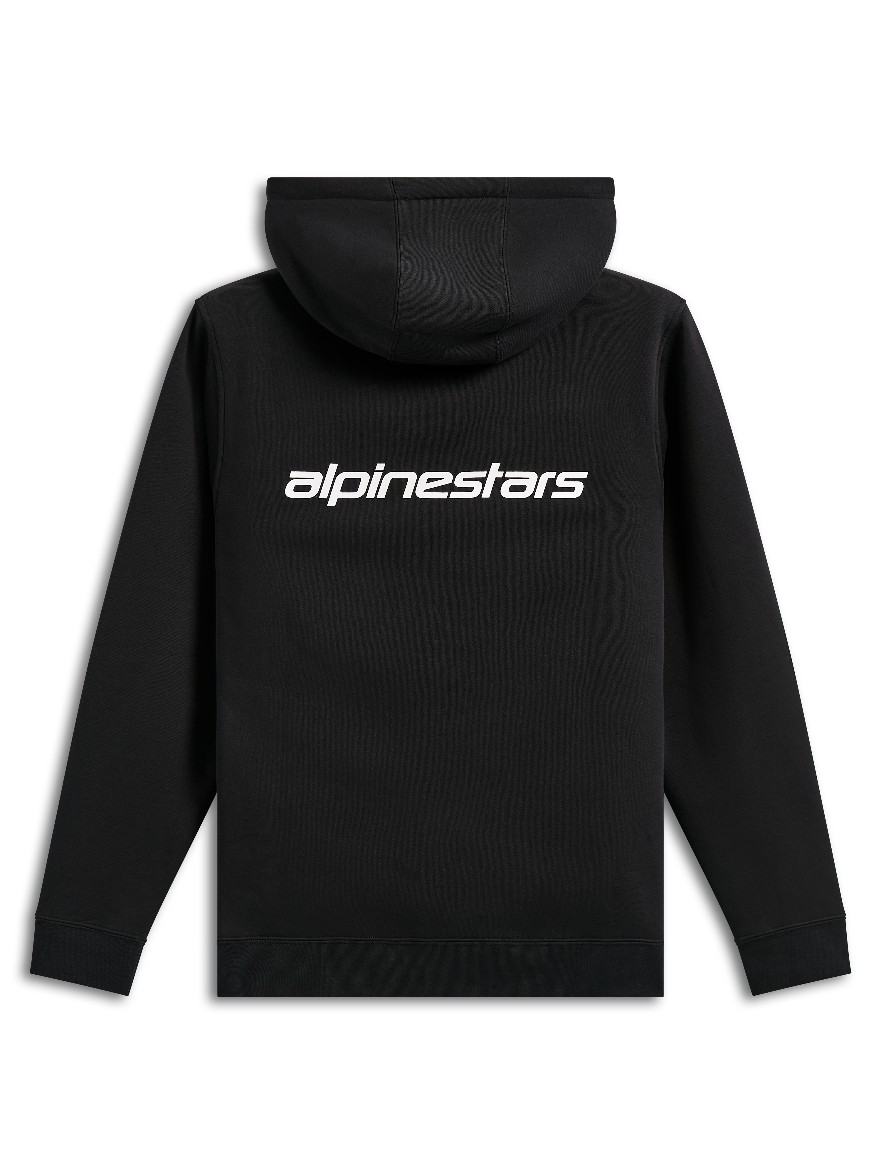 Alpinestars Transverse Hoodie, casual streetwear, black with white Alpinestars word logo on the back, hooded fleece, ribbed cuffs and hem, modern motorsport-inspired design