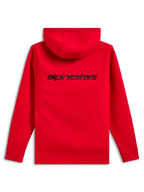 Alpinestars Transverse Hoodie, vista traseira, Vermelho, com logótipo Alpinestars wordmark preto na parte superior das costas, sweatshirt casual com capuz e punhos e bainha canelados.